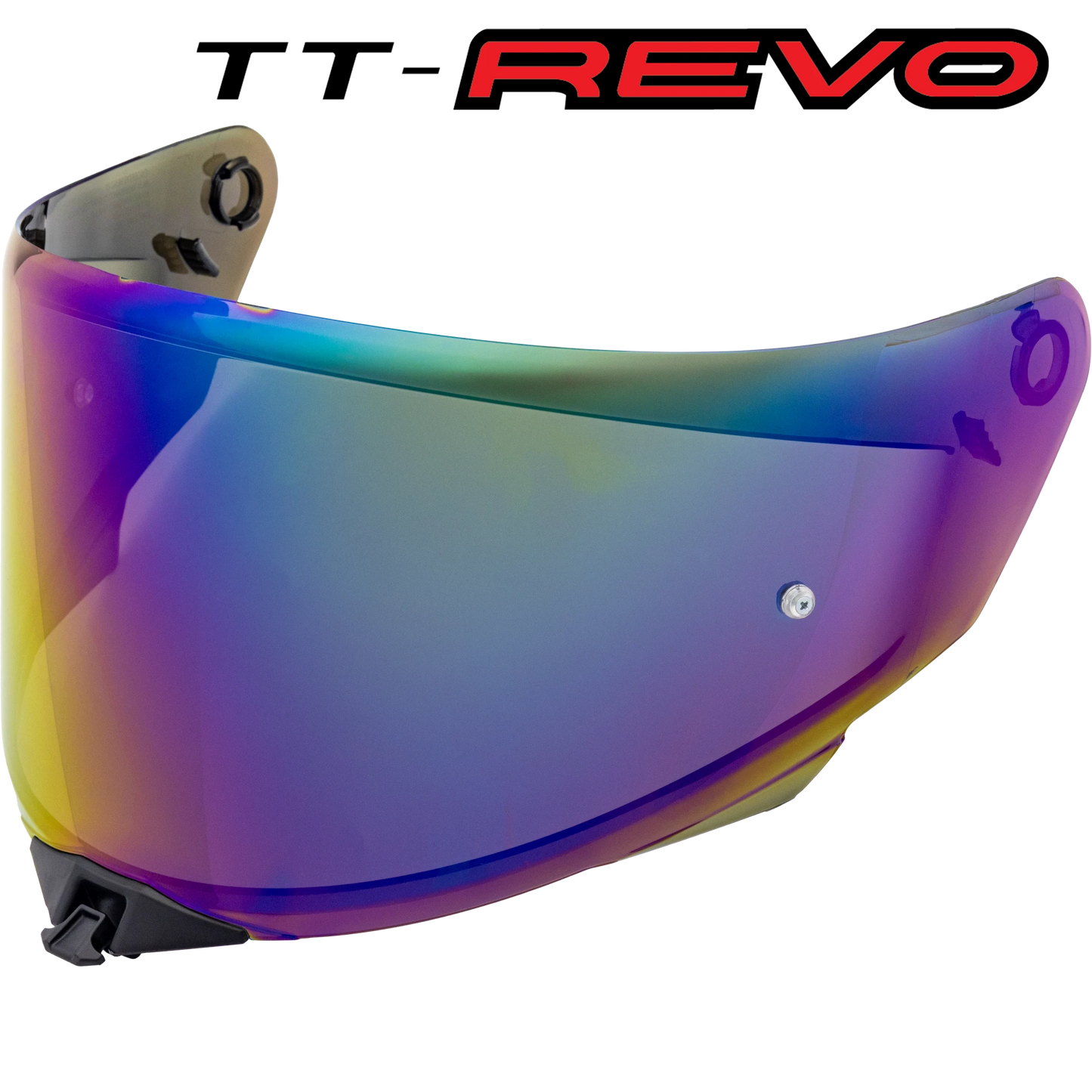 Front Quarter View of TT-REVO Iridium Rainbow Visor with TT-REVO logo