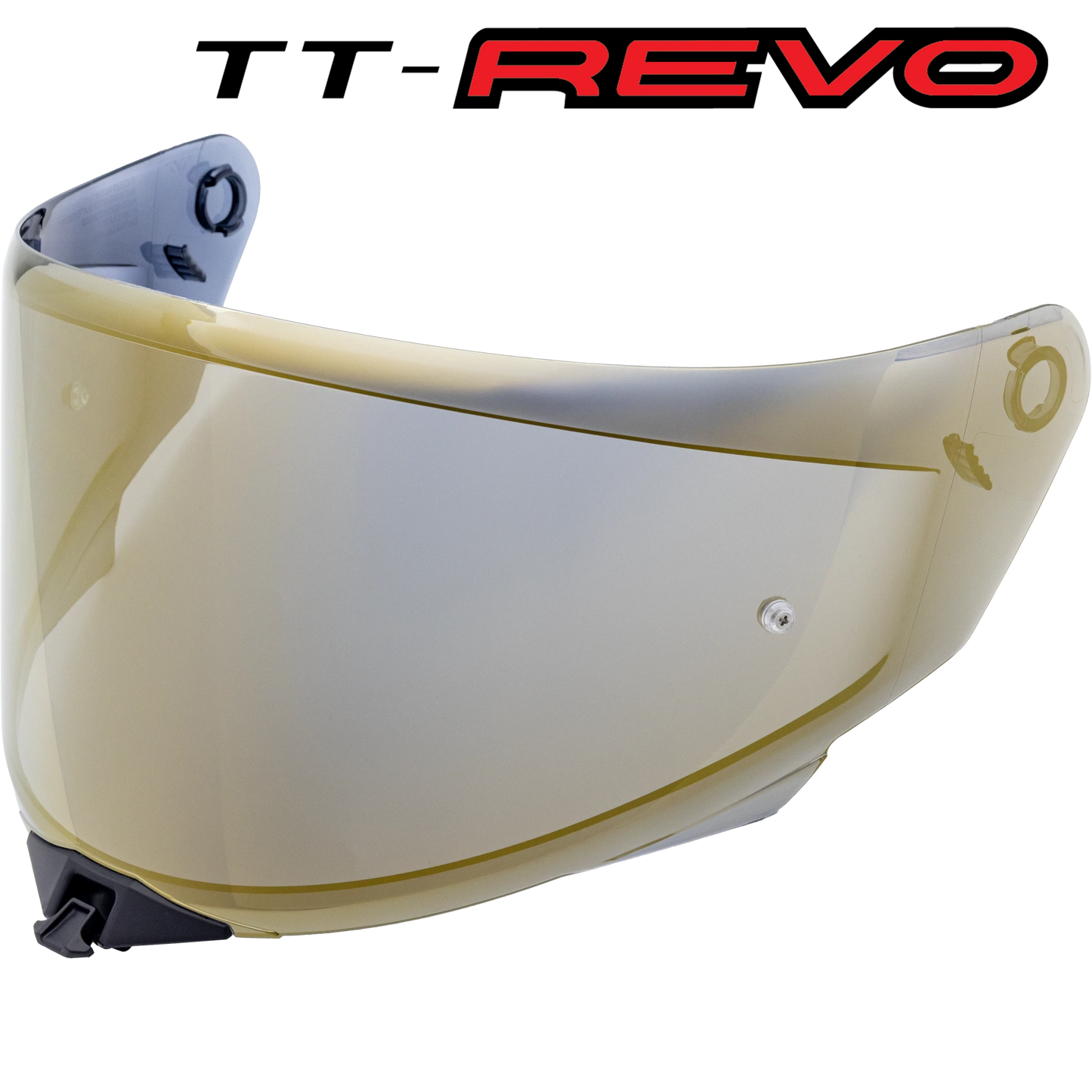 Front Quarter View of TT-REVO Iridium Gold Visor with TT-REVO logo