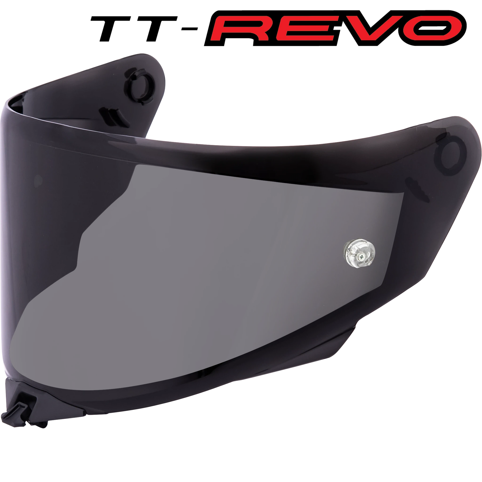Front Quarter View of TT-REVO Dark Smoke Visor with TT-REVO logo