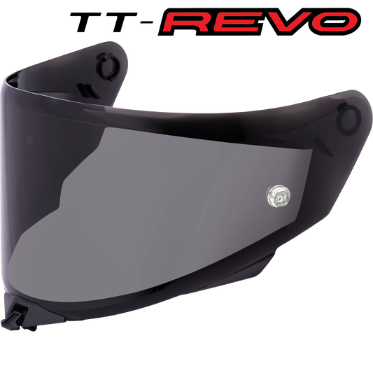 Front Quarter View of TT-REVO Dark Smoke Visor with TT-REVO logo