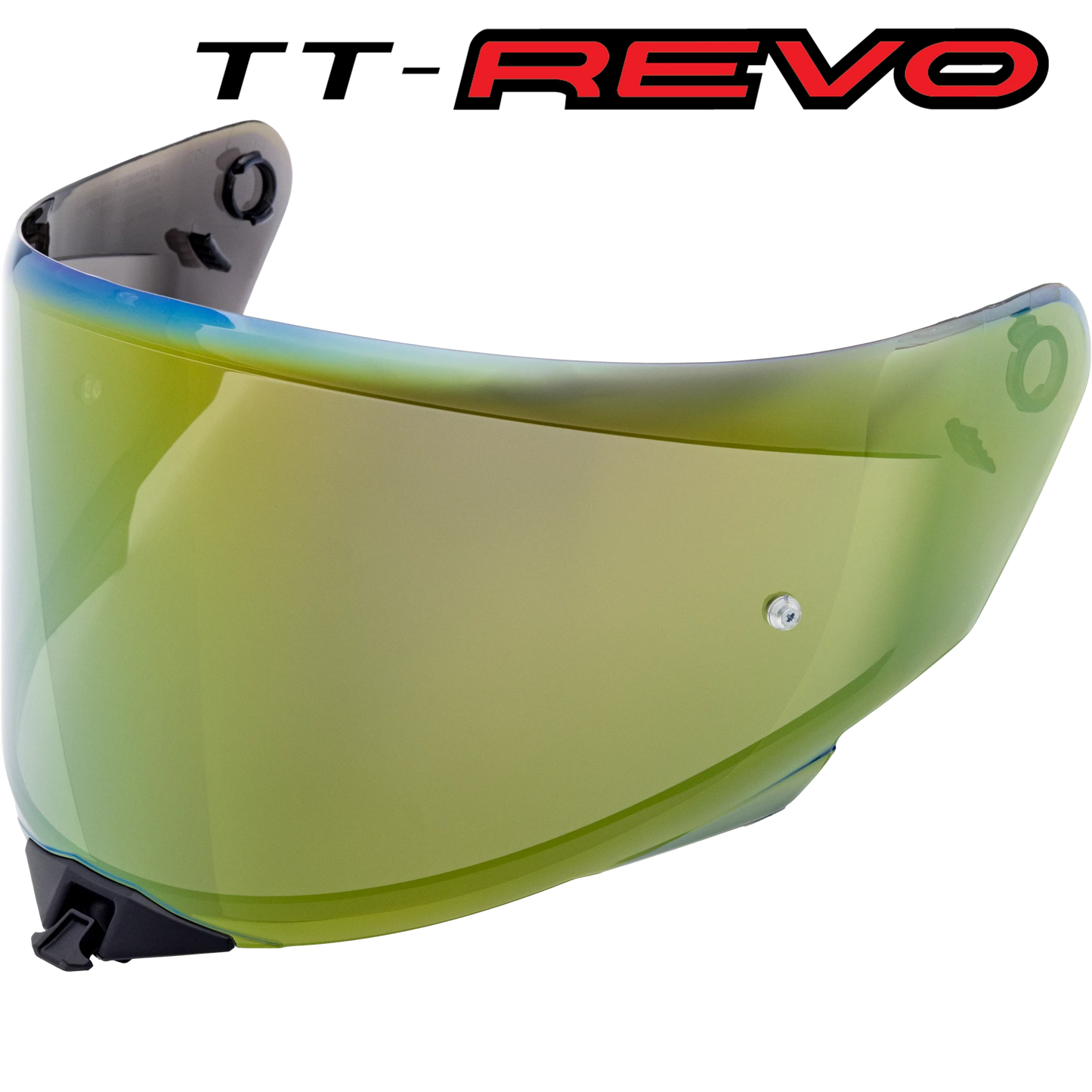 Front Quarter View of TT-REVO Iridium Green Visor with TT-REVO logo