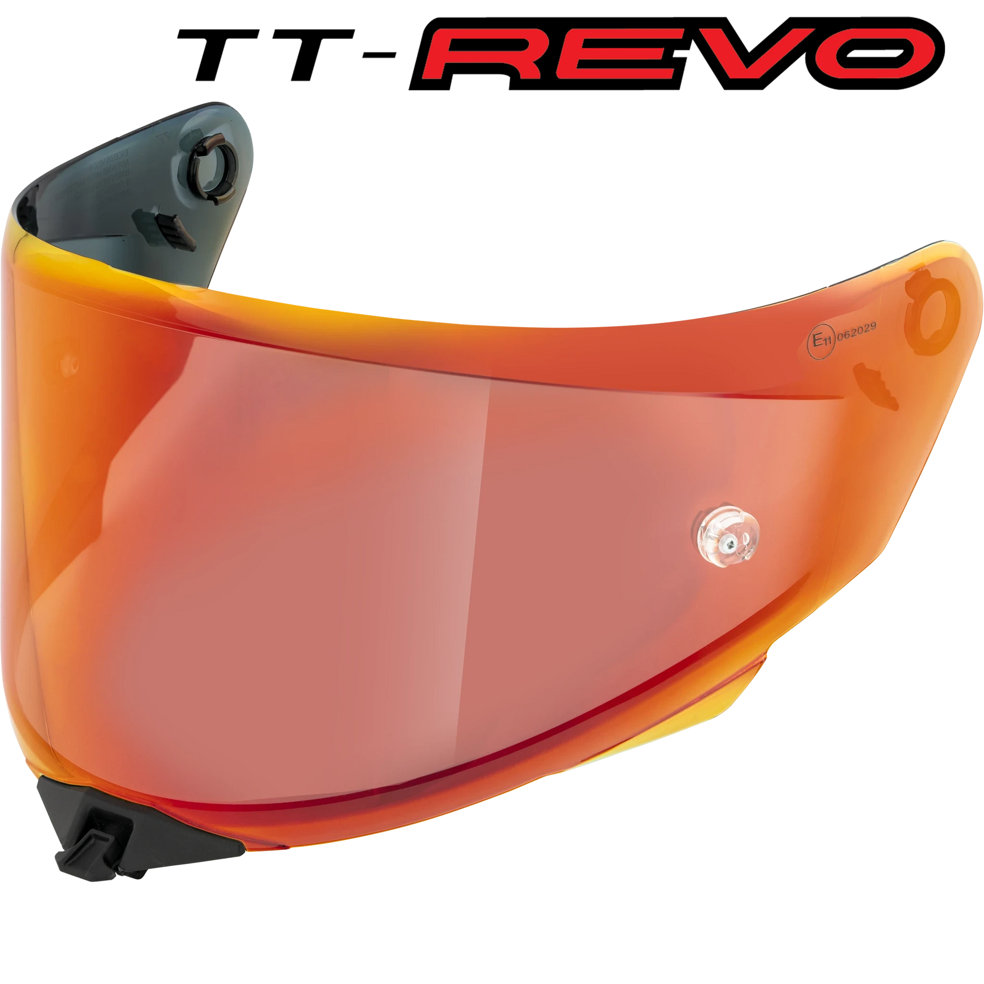 Front Quarter View of TT-REVO Iridium Red Visor with TT-REVO logo