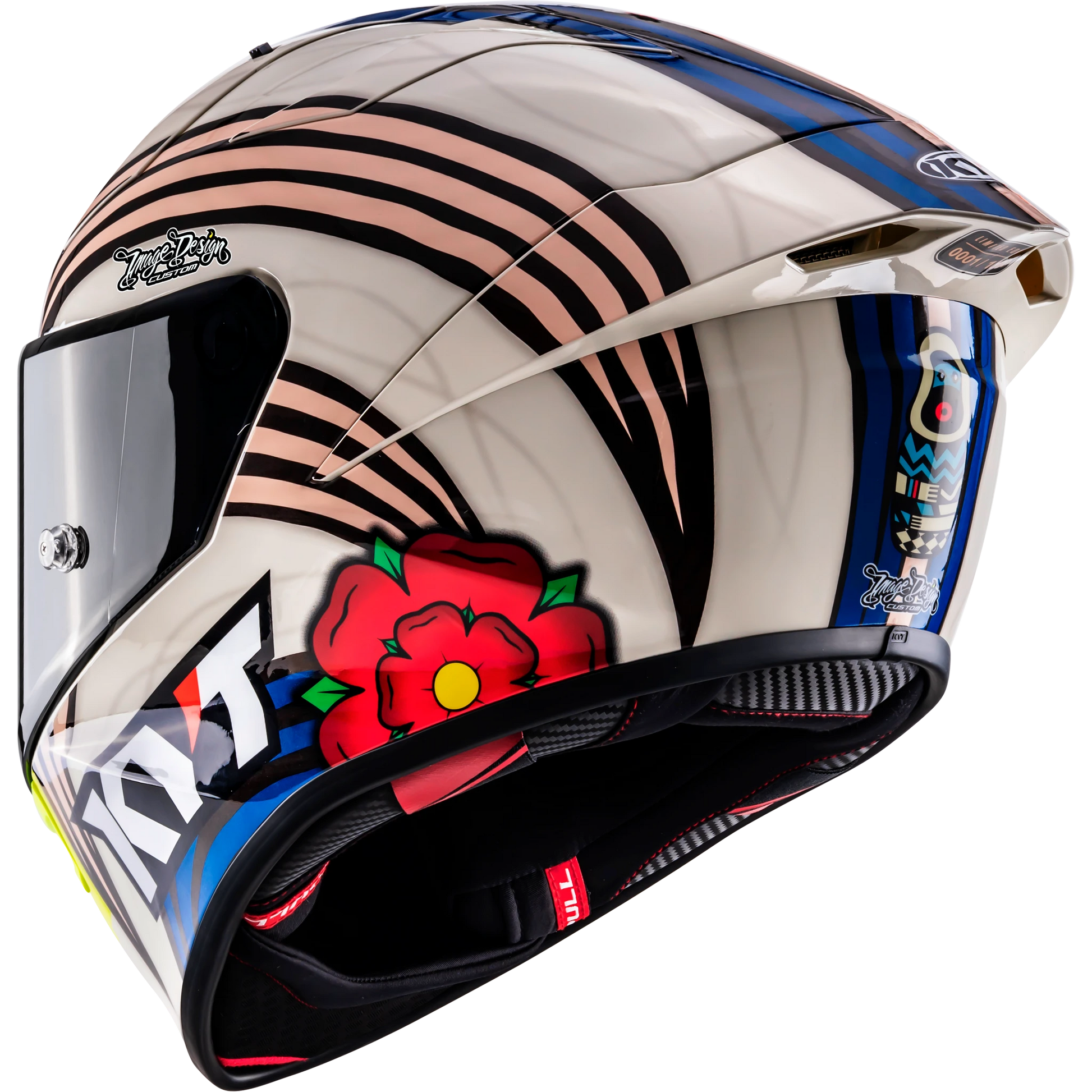 Rear Left Quarter View of KYT KX-1 Race GP John McGuinness L.E. Replica Motorcycle Helmet