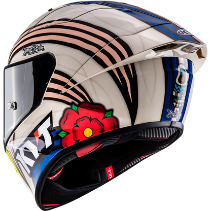 Rear Left Quarter View of KYT KX-1 Race GP John McGuinness L.E. Replica Motorcycle Helmet