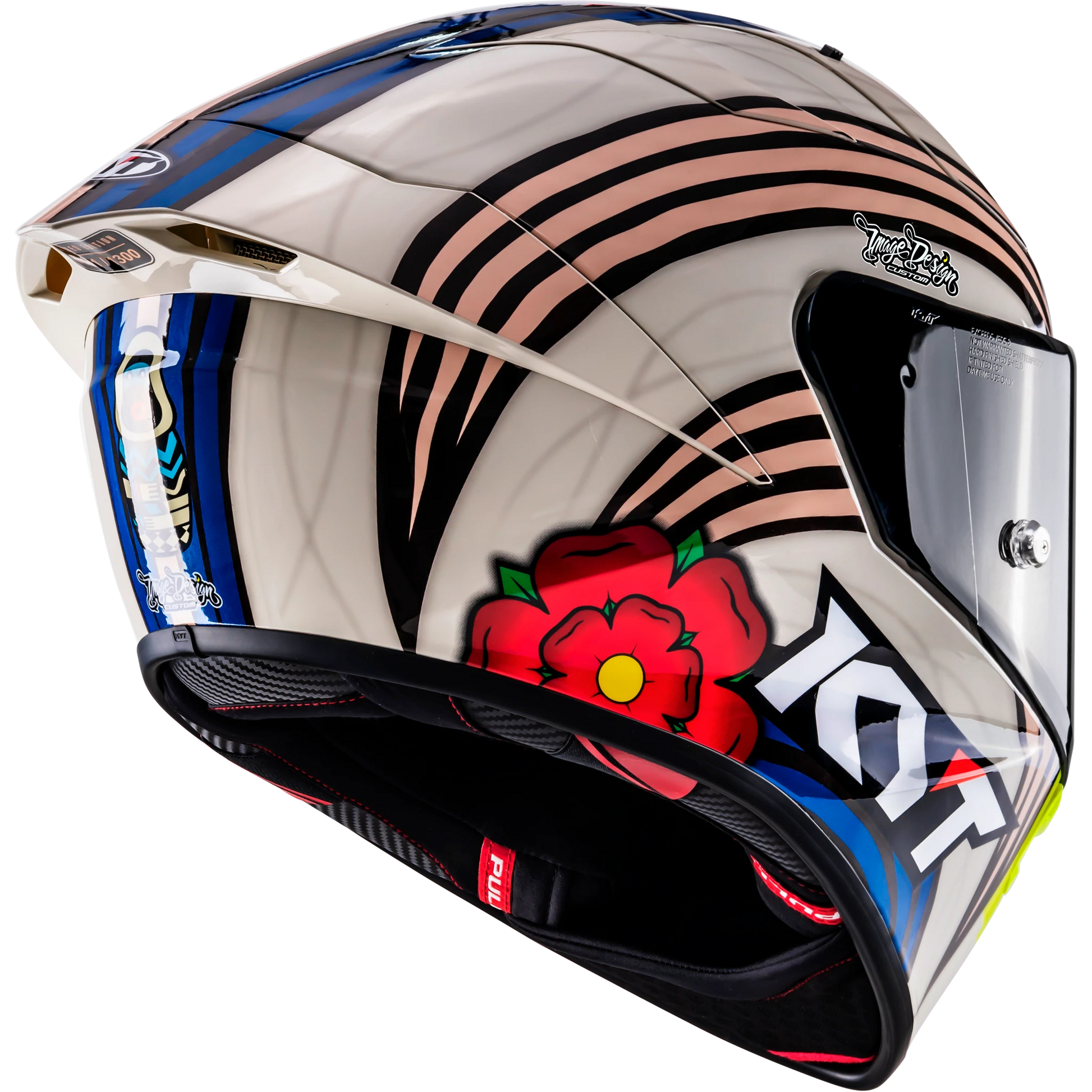 Rear Right Quarter View of KYT KX-1 Race GP John McGuinness L.E. Replica Motorcycle Helmet