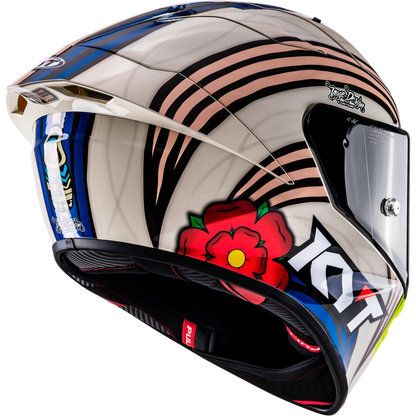Rear Right Quarter View of KYT KX-1 Race GP John McGuinness L.E. Replica Motorcycle Helmet
