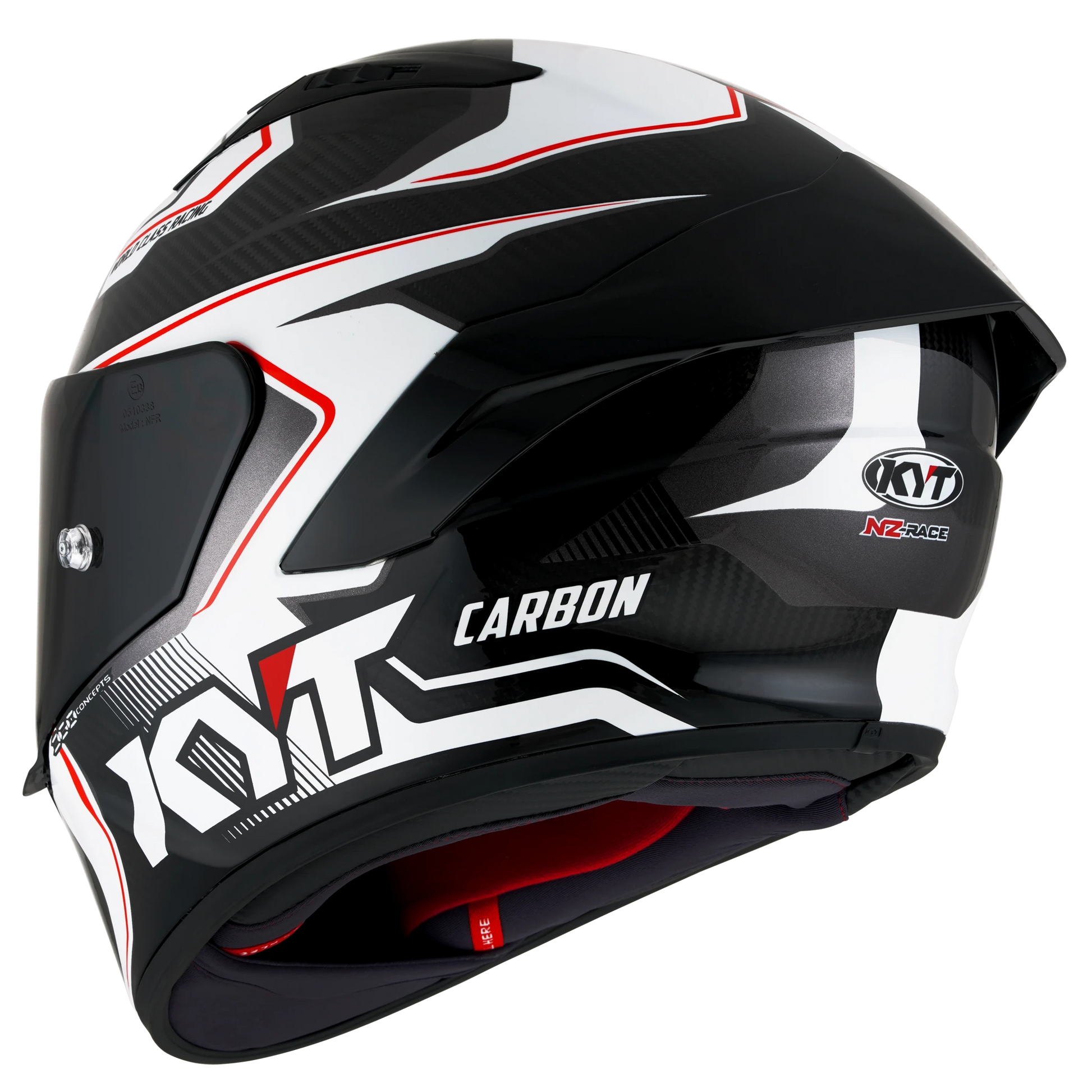Rear Left Quarter View of KYT NZ-Race Carbon Competition White Motorcycle Helmet