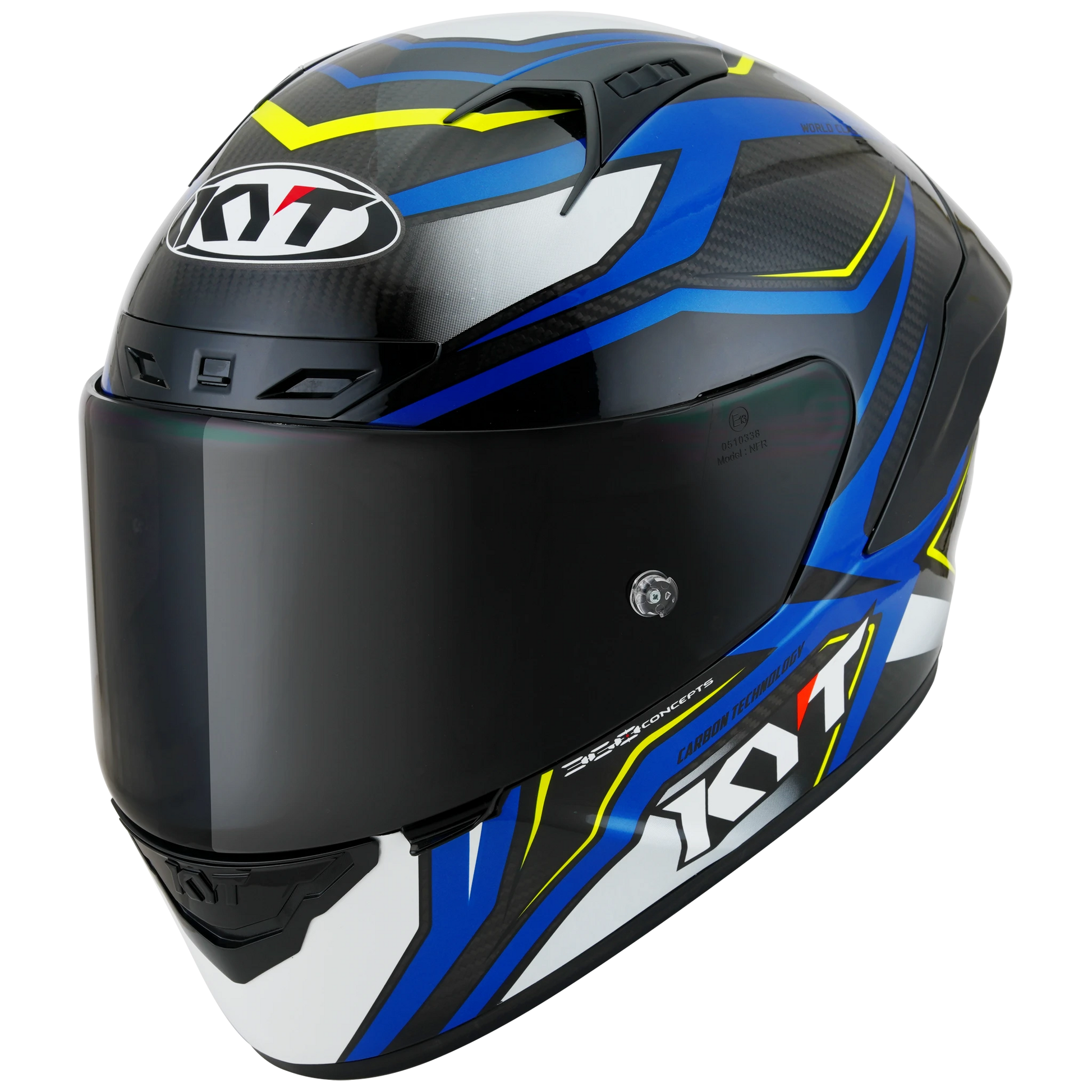Front Left Quarter View of KYT NZ-Race Carbon Stride Blue White Motorcycle Helmet