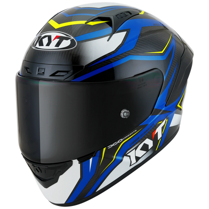 Front Left Quarter View of KYT NZ-Race Carbon Stride Blue White Motorcycle Helmet