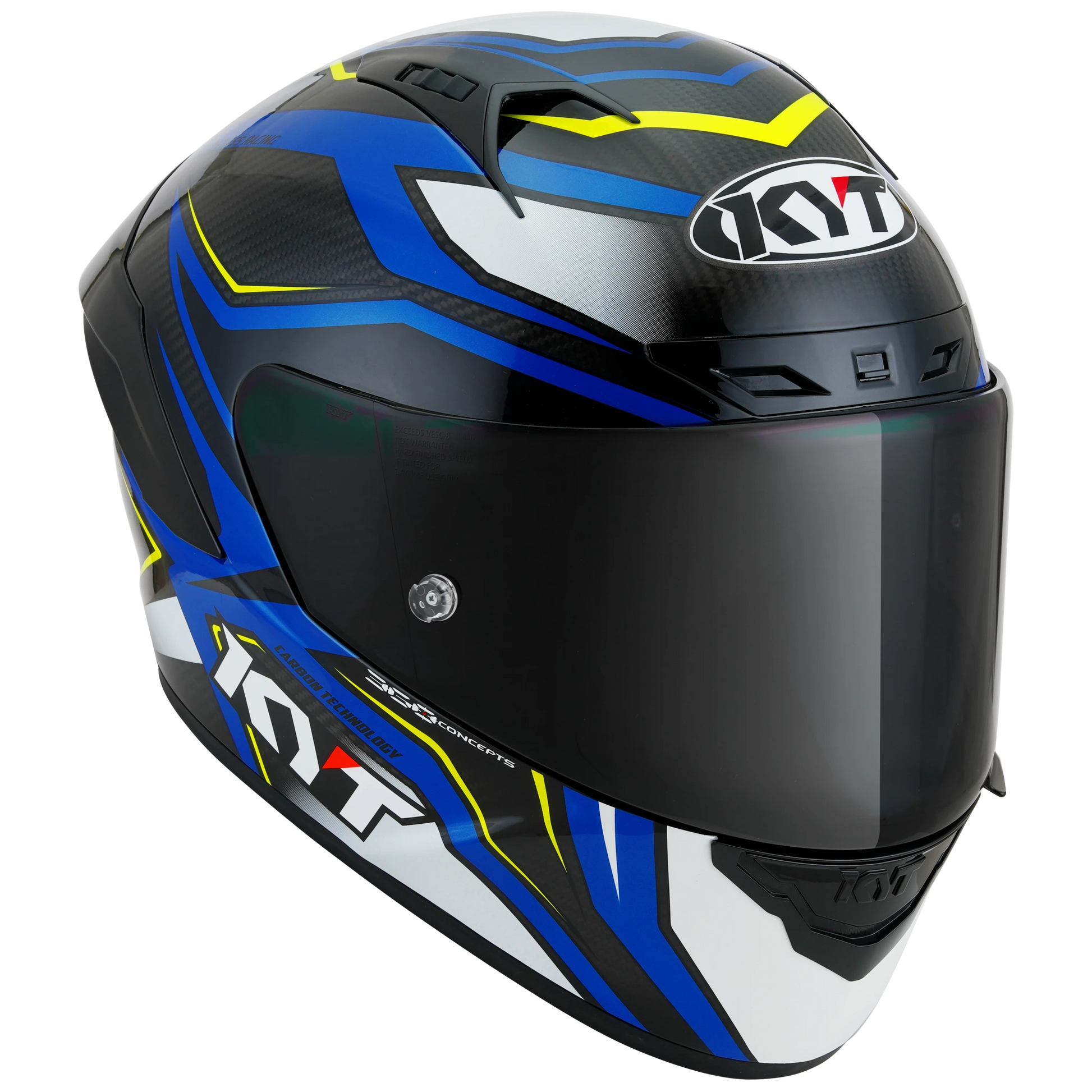 Front Right Quarter View of KYT NZ-Race Carbon Stride Blue White Motorcycle Helmet