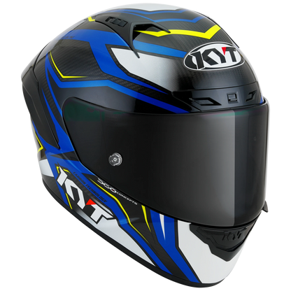 Front Right Quarter View of KYT NZ-Race Carbon Stride Blue White Motorcycle Helmet