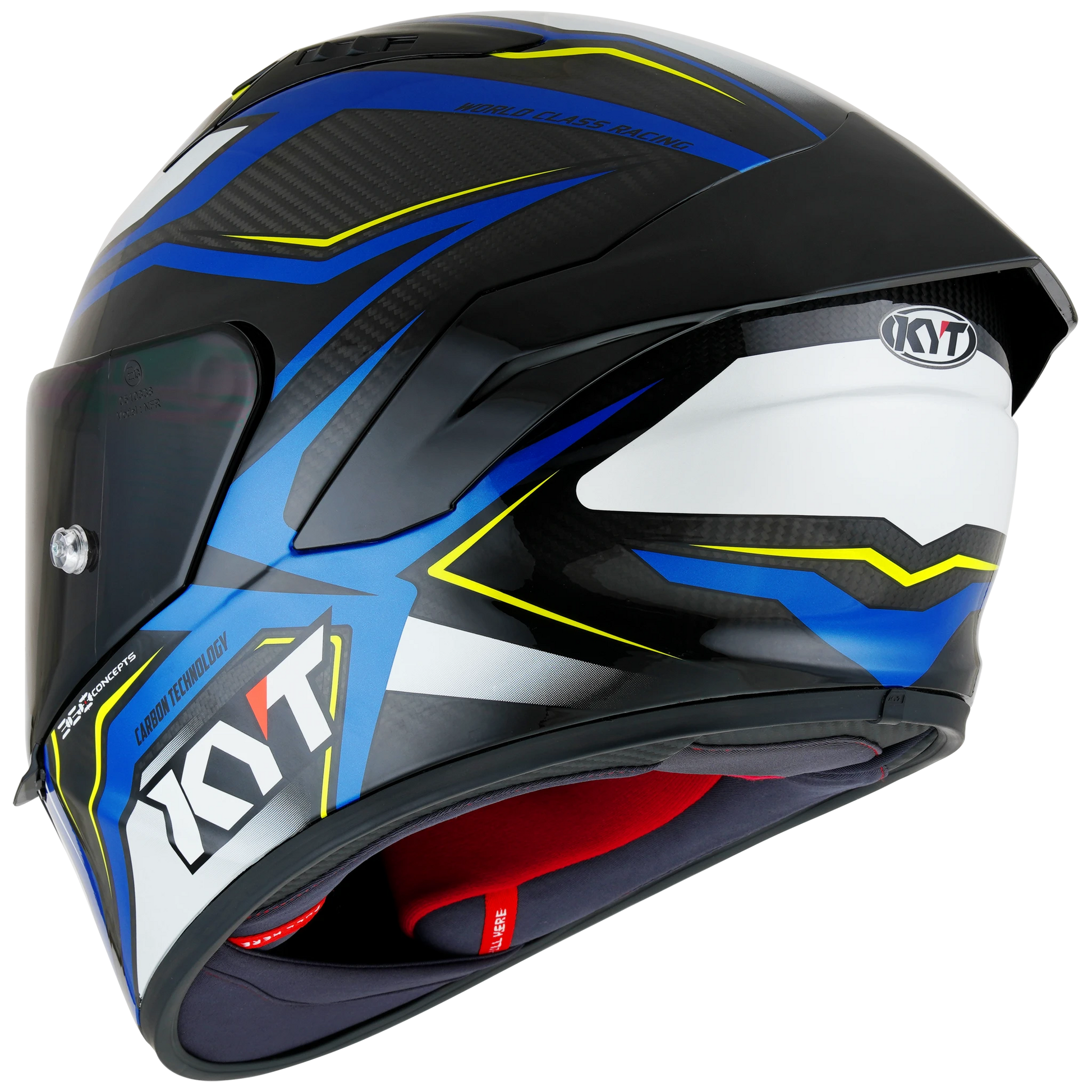 Rear Left Quarter View of KYT NZ-Race Carbon Stride Blue White Motorcycle Helmet