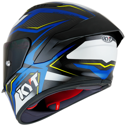 Rear Left Quarter View of KYT NZ-Race Carbon Stride Blue White Motorcycle Helmet