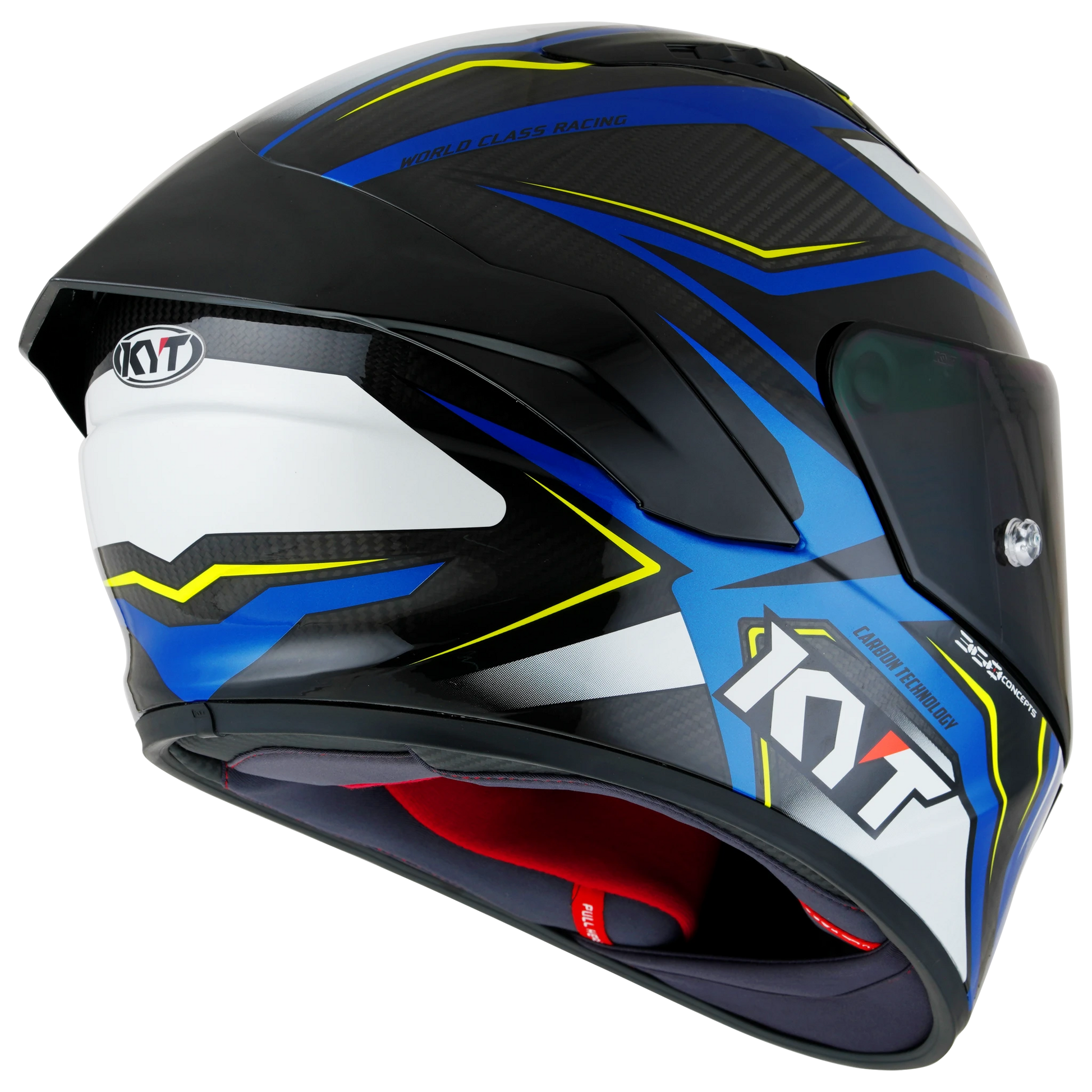 Rear Right Quarter View of KYT NZ-Race Carbon Stride Blue White Motorcycle Helmet