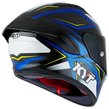 Rear Right Quarter View of KYT NZ-Race Carbon Stride Blue White Motorcycle Helmet