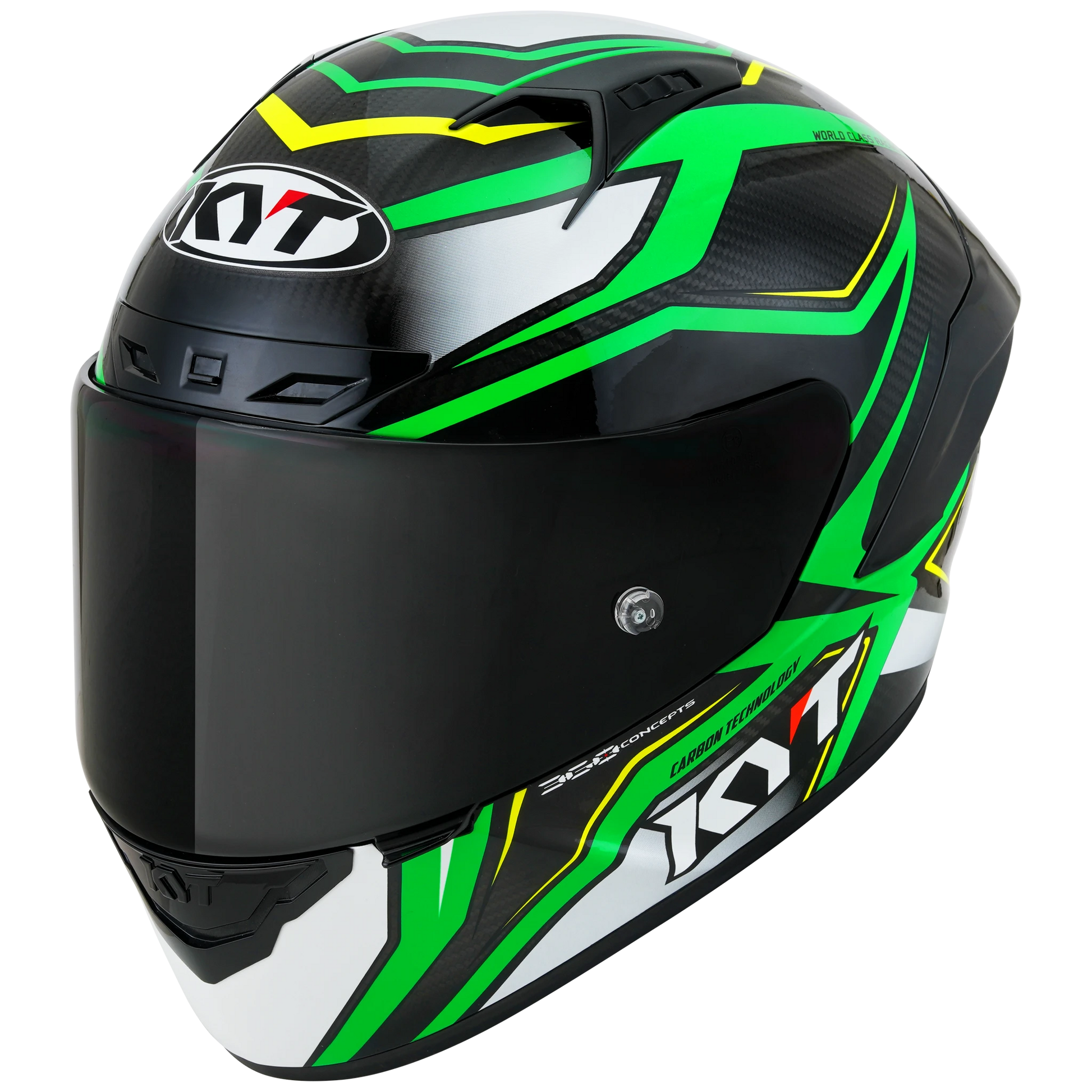 Front Left Quarter View of KYT NZ-Race Carbon Stride Green Fluo Motorcycle Helmet