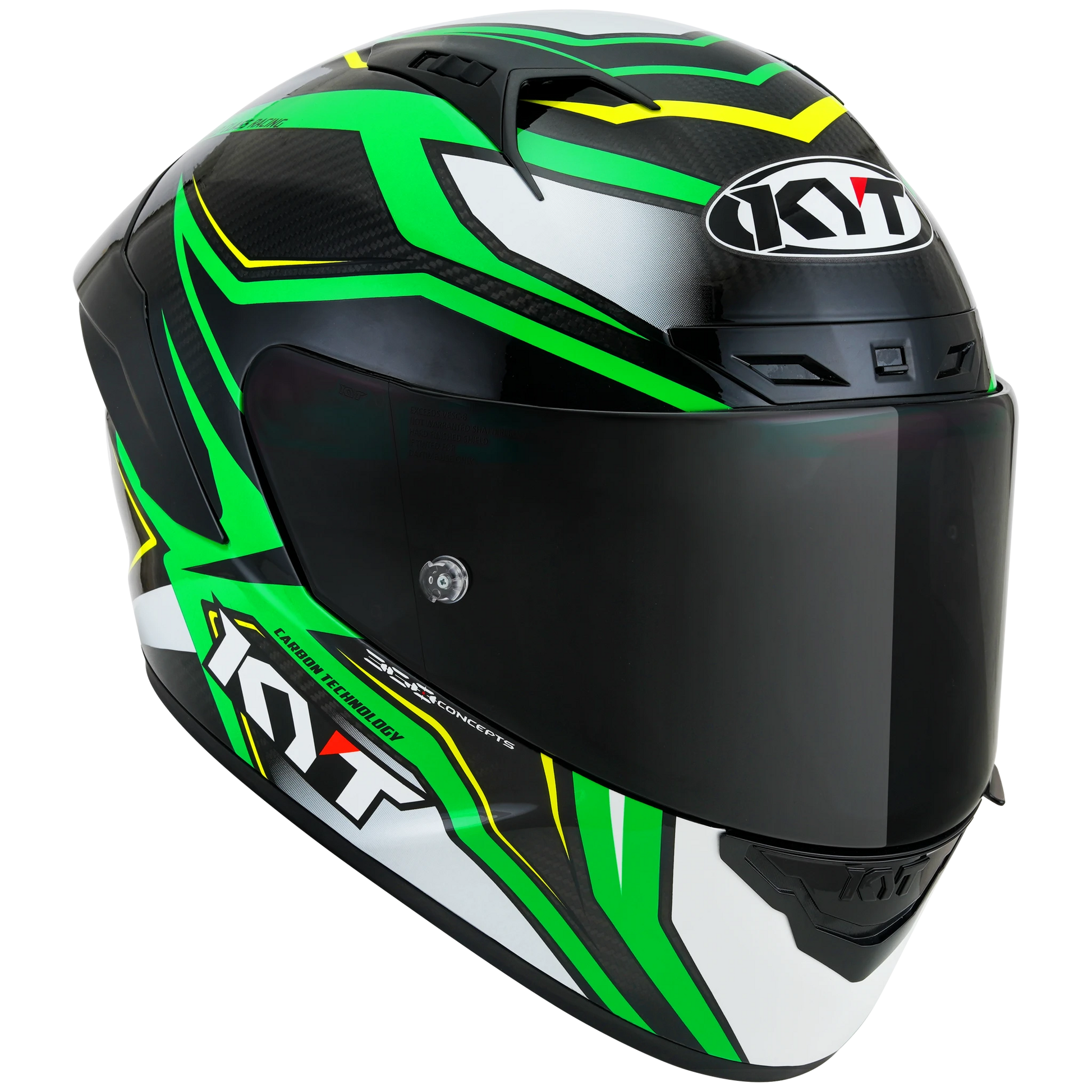 Front Right Quarter View of KYT NZ-Race Carbon Stride Green Fluo Motorcycle Helmet