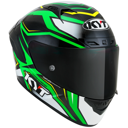 Front Right Quarter View of KYT NZ-Race Carbon Stride Green Fluo Motorcycle Helmet