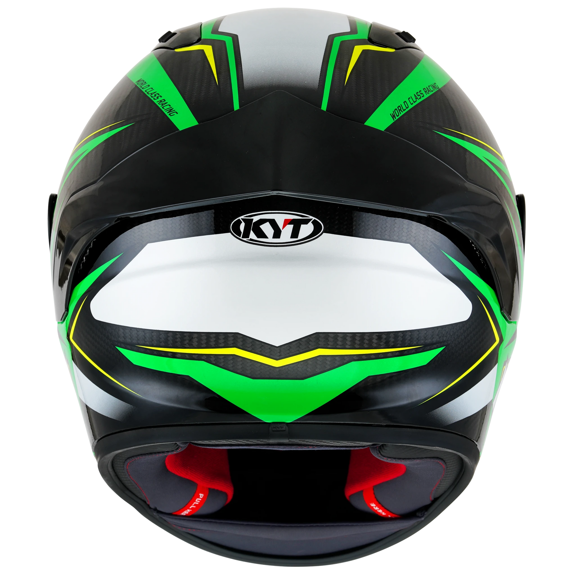 Rear View of KYT NZ-Race Carbon Stride Green Fluo Motorcycle Helmet