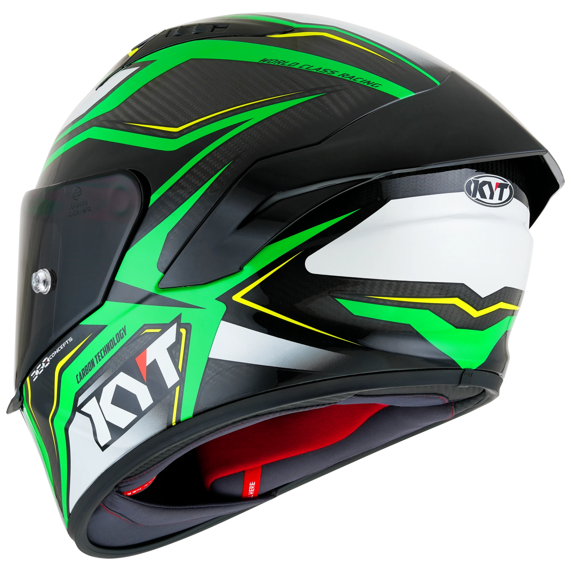 Rear Left Quarter View of KYT NZ-Race Carbon Stride Green Fluo Motorcycle Helmet