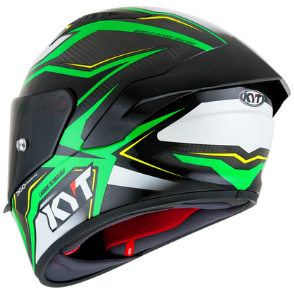 Rear Left Quarter View of KYT NZ-Race Carbon Stride Green Fluo Motorcycle Helmet