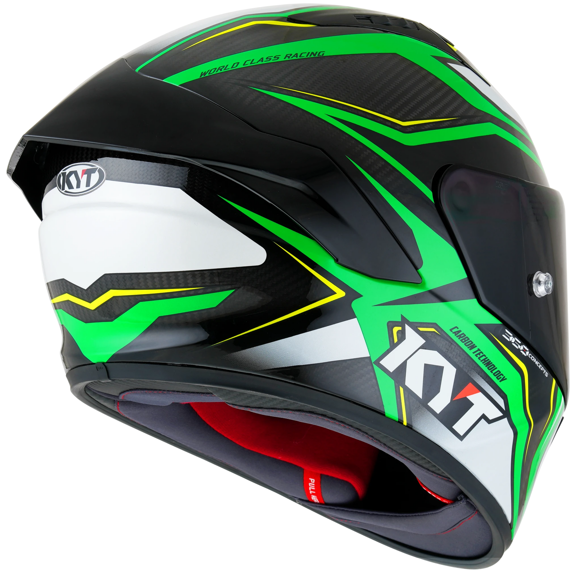 Rear Right Quarter View of KYT NZ-Race Carbon Stride Green Fluo Motorcycle Helmet