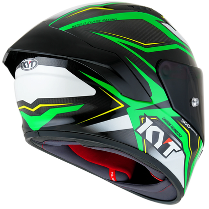 Rear Right Quarter View of KYT NZ-Race Carbon Stride Green Fluo Motorcycle Helmet