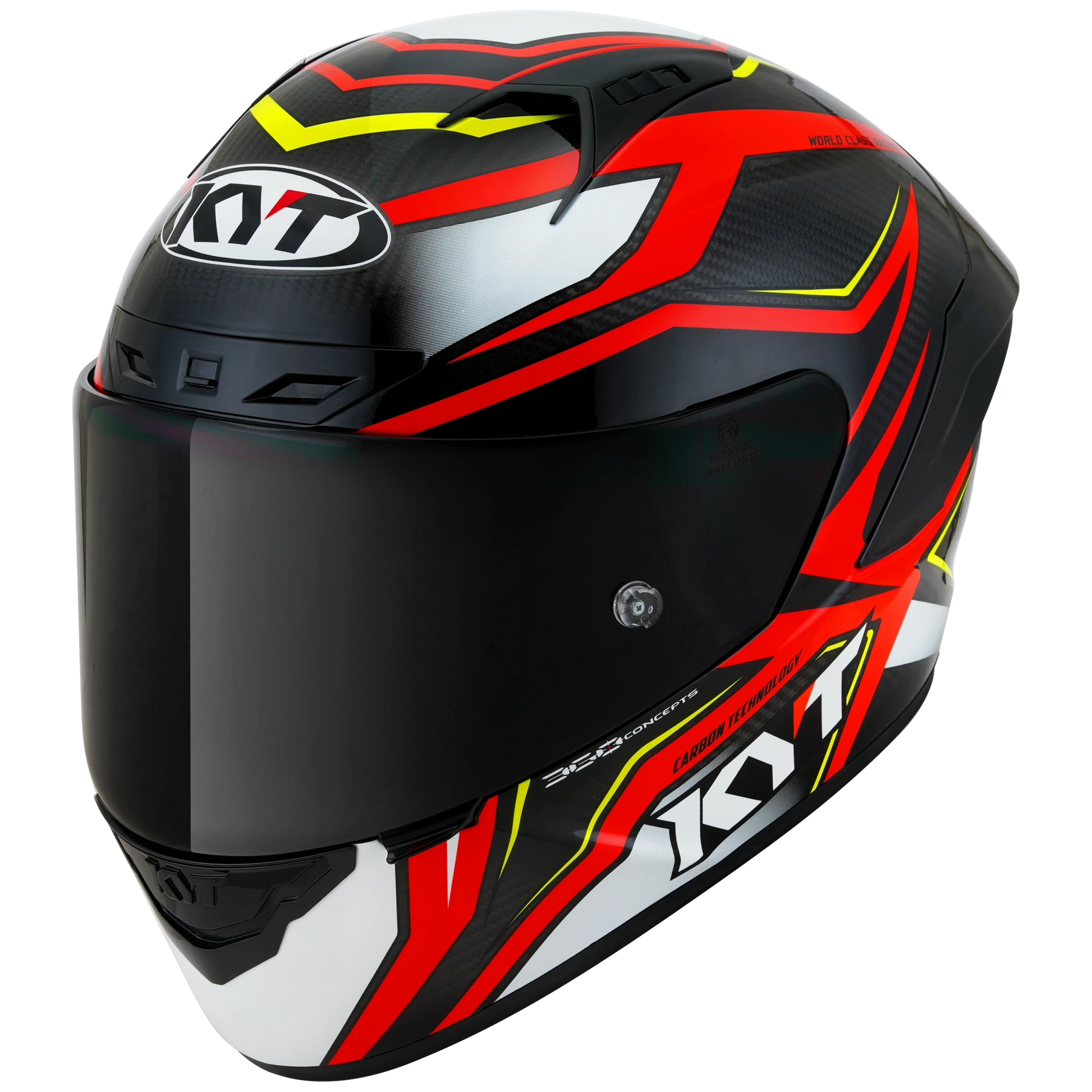 Front Left Quarter View of KYT NZ-Race Carbon Stride Red White Motorcycle Helmet