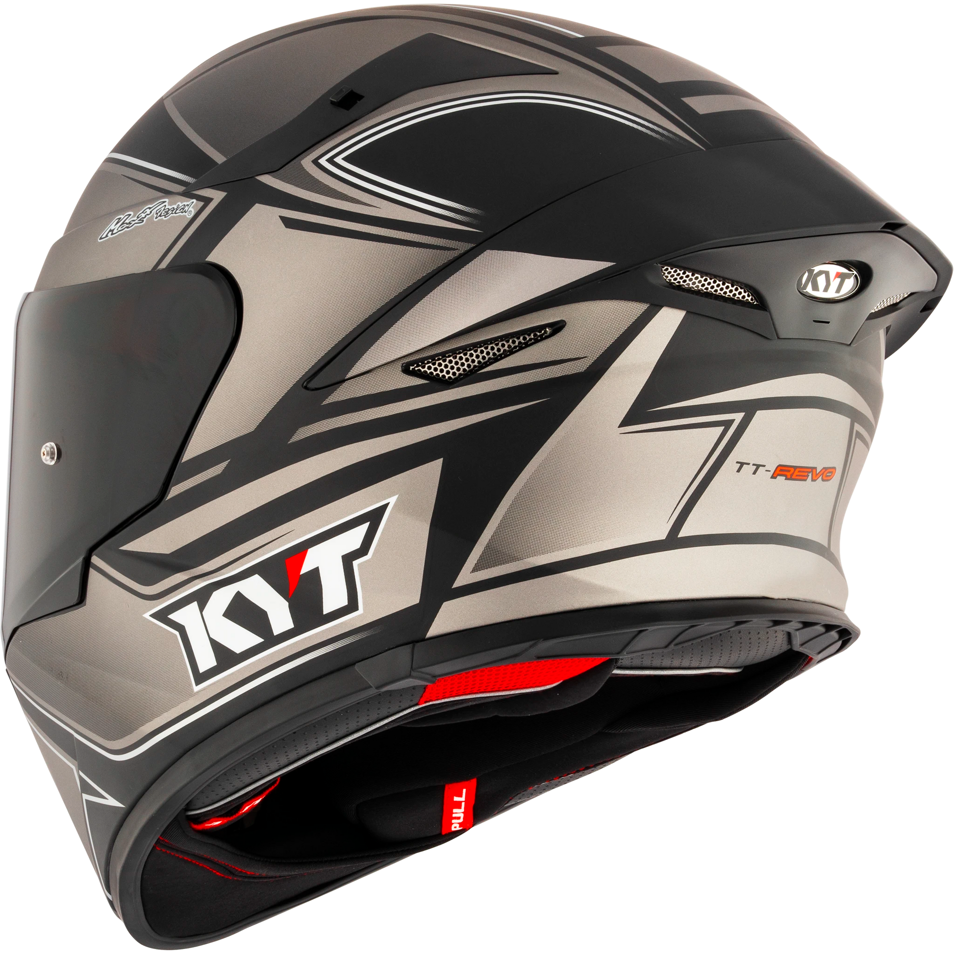 Rear Left Quarter View of KYT TT-REVO Tourist Matte Cool Grey Motorcycle Helmet