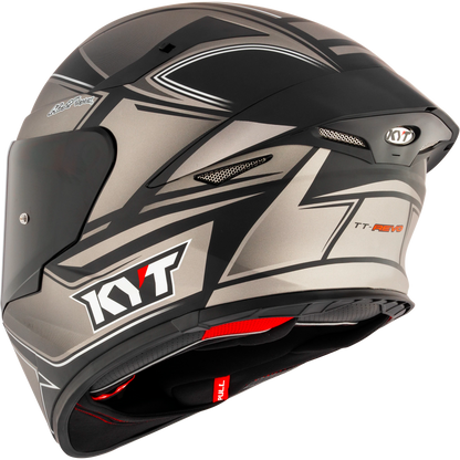 Rear Left Quarter View of KYT TT-REVO Tourist Matte Cool Grey Motorcycle Helmet