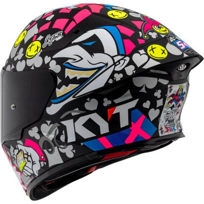 Rear Left Quarter View of KYT TT-REVO Riccardo Rossi 2022 Replica Motorcycle Helmet