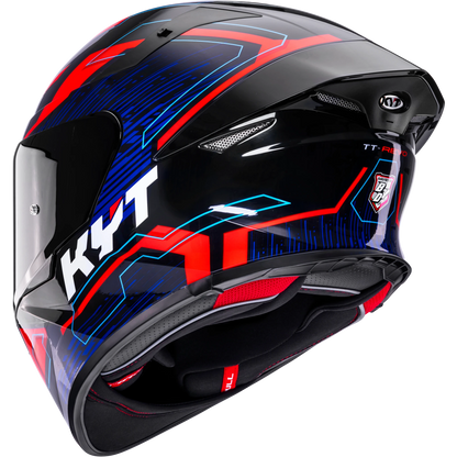 Rear Left Quarter View of KYT TT-REVO Speeding Black Red Blue Motorcycle Helmet