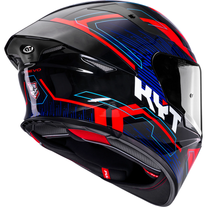 Rear Right Quarter View of KYT TT-REVO Speeding Black Red Blue Motorcycle Helmet