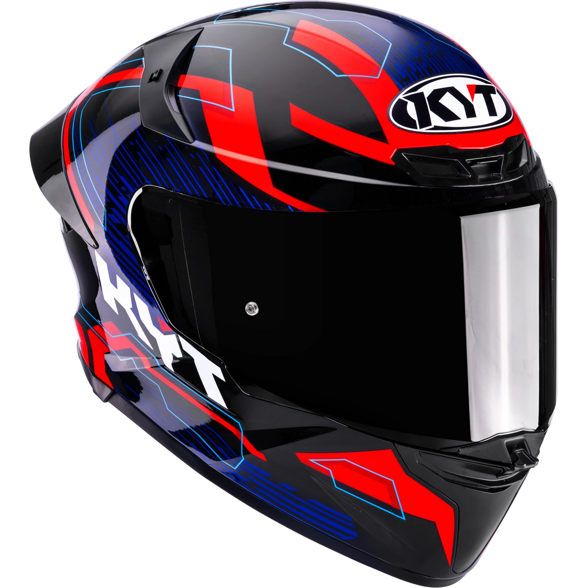 Front Right Quarter View of KYT TT-REVO Speeding Black Red Blue Motorcycle Helmet
