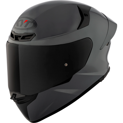 Rear Left Quarter View of KYT TT-REVO motorcycle helmet in GRL Grey