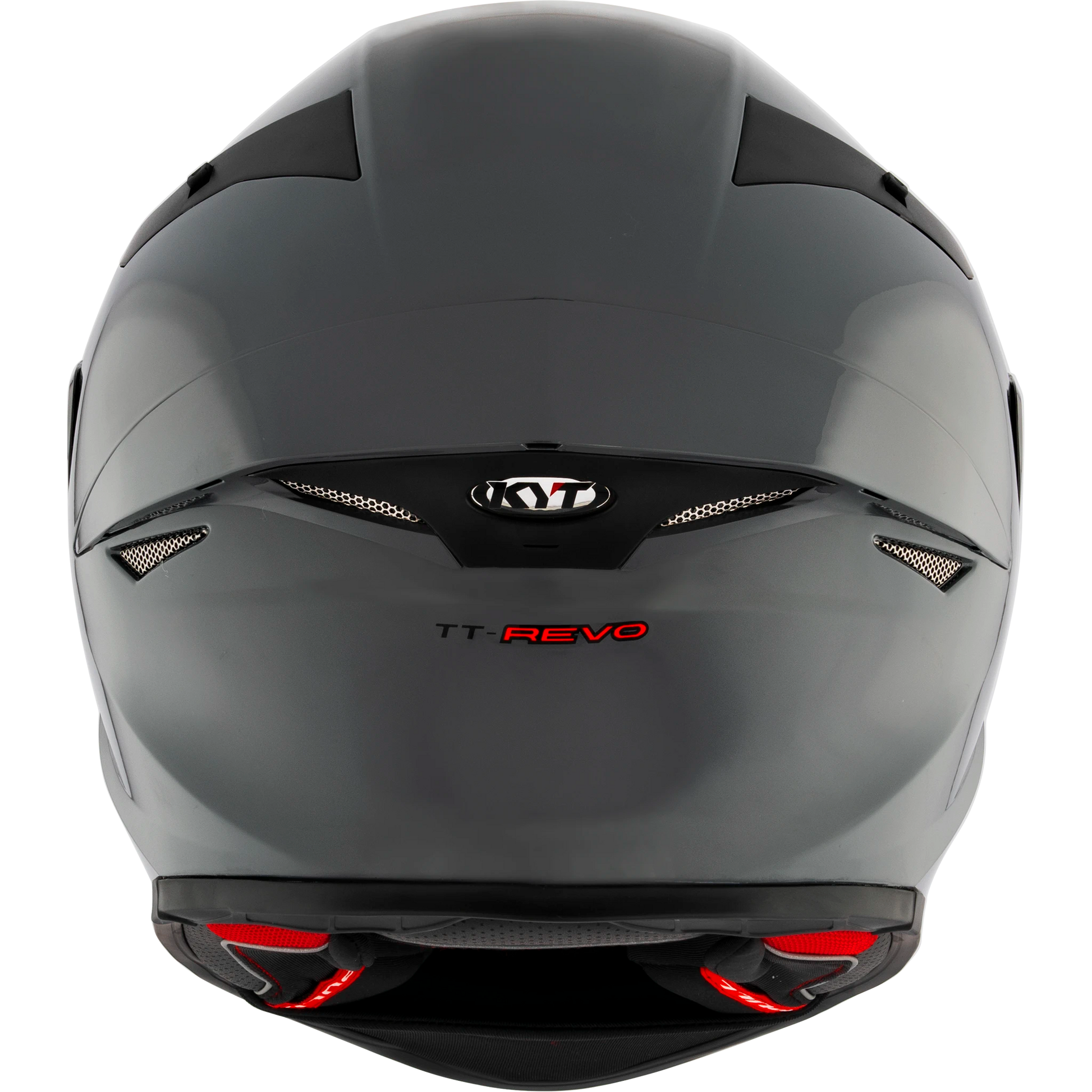 Rear View of KYT TT-REVO motorcycle helmet in GRL Grey