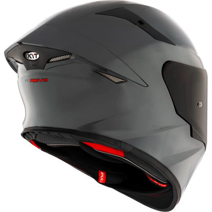 Rear Right Quarter View of KYT TT-REVO motorcycle helmet in GRL Grey