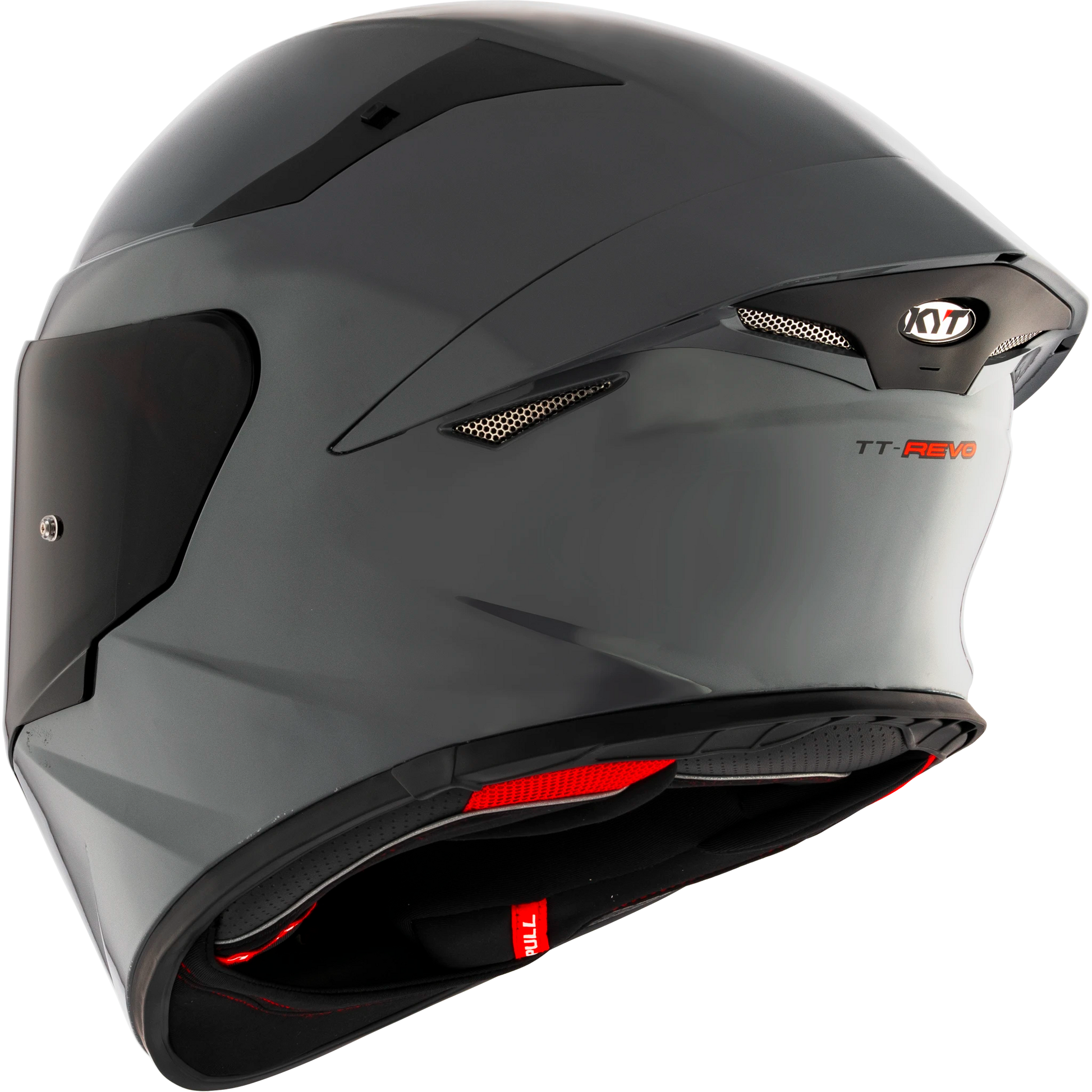 Rear Left Quarter View of KYT TT-REVO motorcycle helmet in GRL Grey
