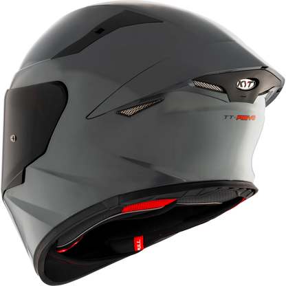 Rear Left Quarter View of KYT TT-REVO motorcycle helmet in GRL Grey