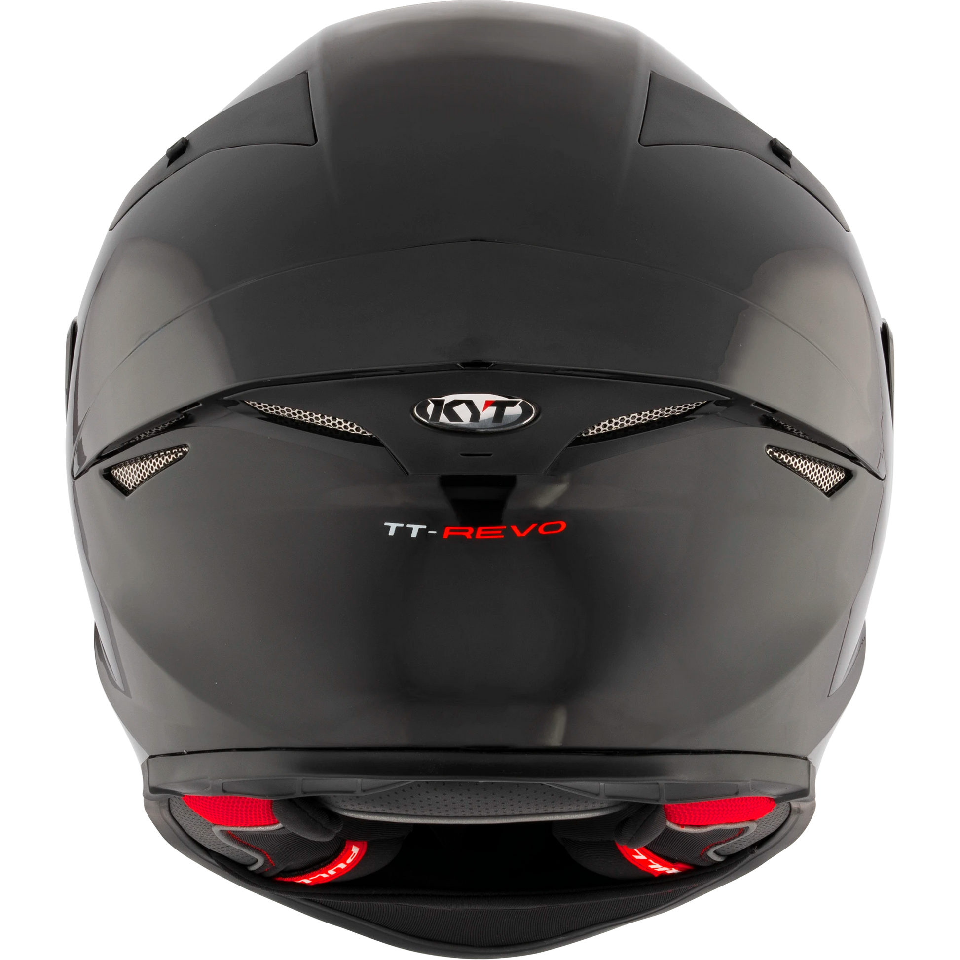 Rear View of KYT TT-REVO motorcycle helmet in Plain Black