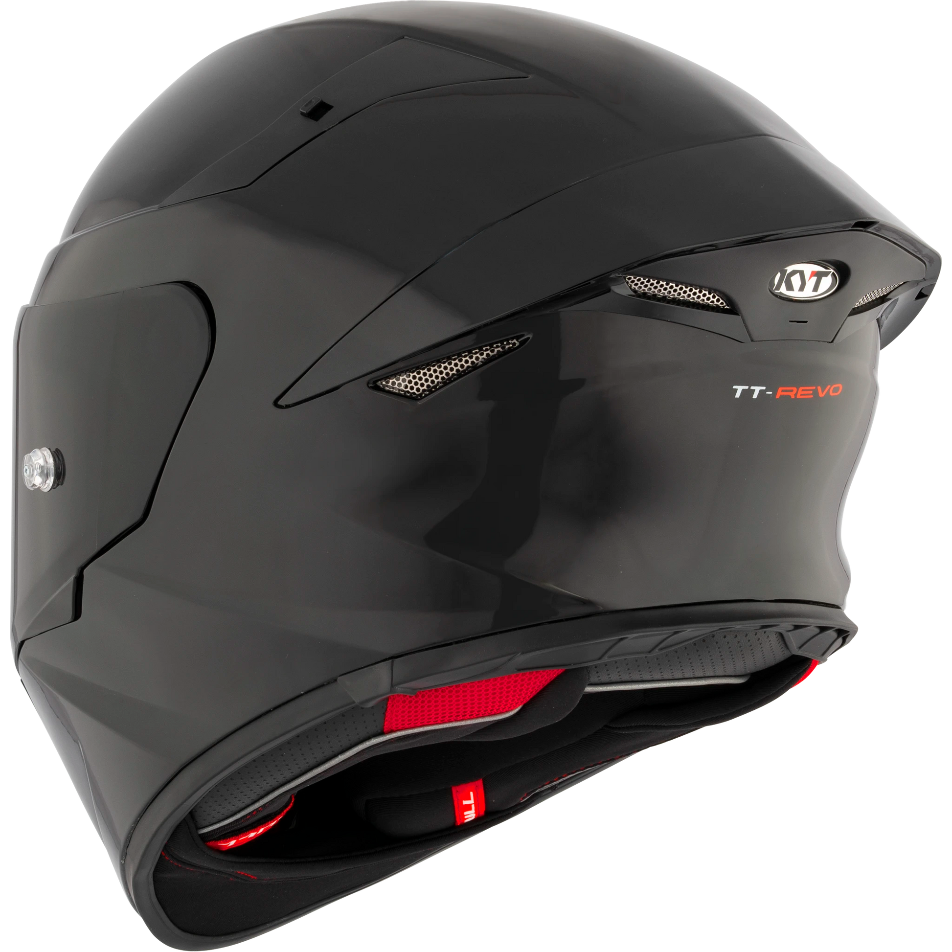Rear Left Quarter View of KYT TT-REVO motorcycle helmet in Plain Black