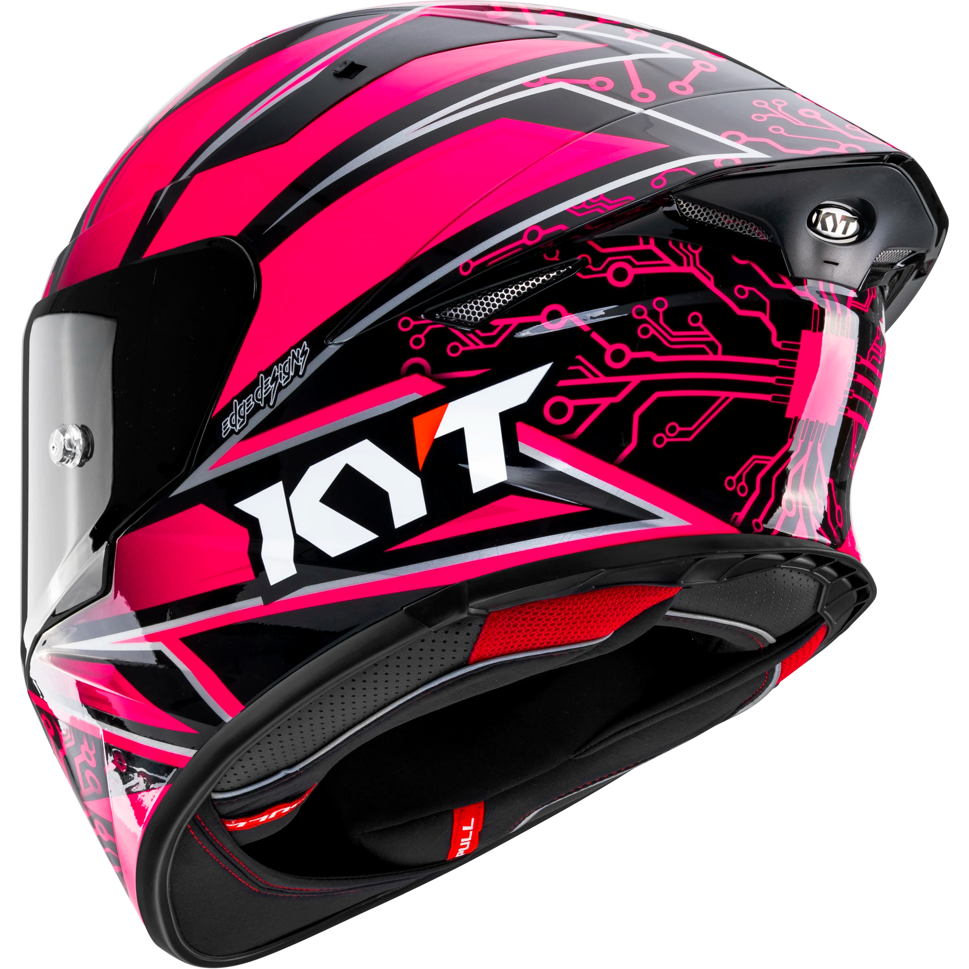 Rear Left Quarter View of KYT TT-REVO Hyper Pink Motorcycle Helmet