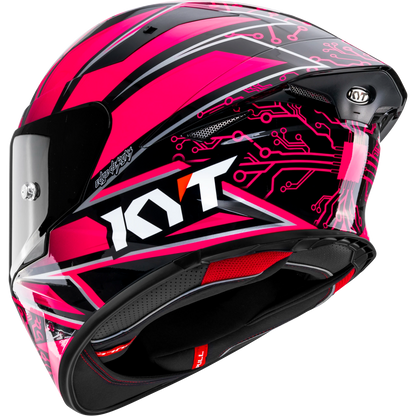 Rear Left Quarter View of KYT TT-REVO Hyper Pink Motorcycle Helmet