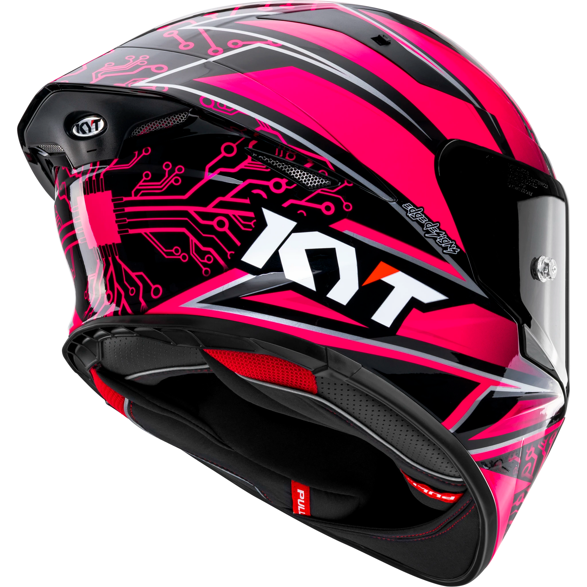 Rear Right Quarter View of KYT TT-REVO Hyper Pink Motorcycle Helmet